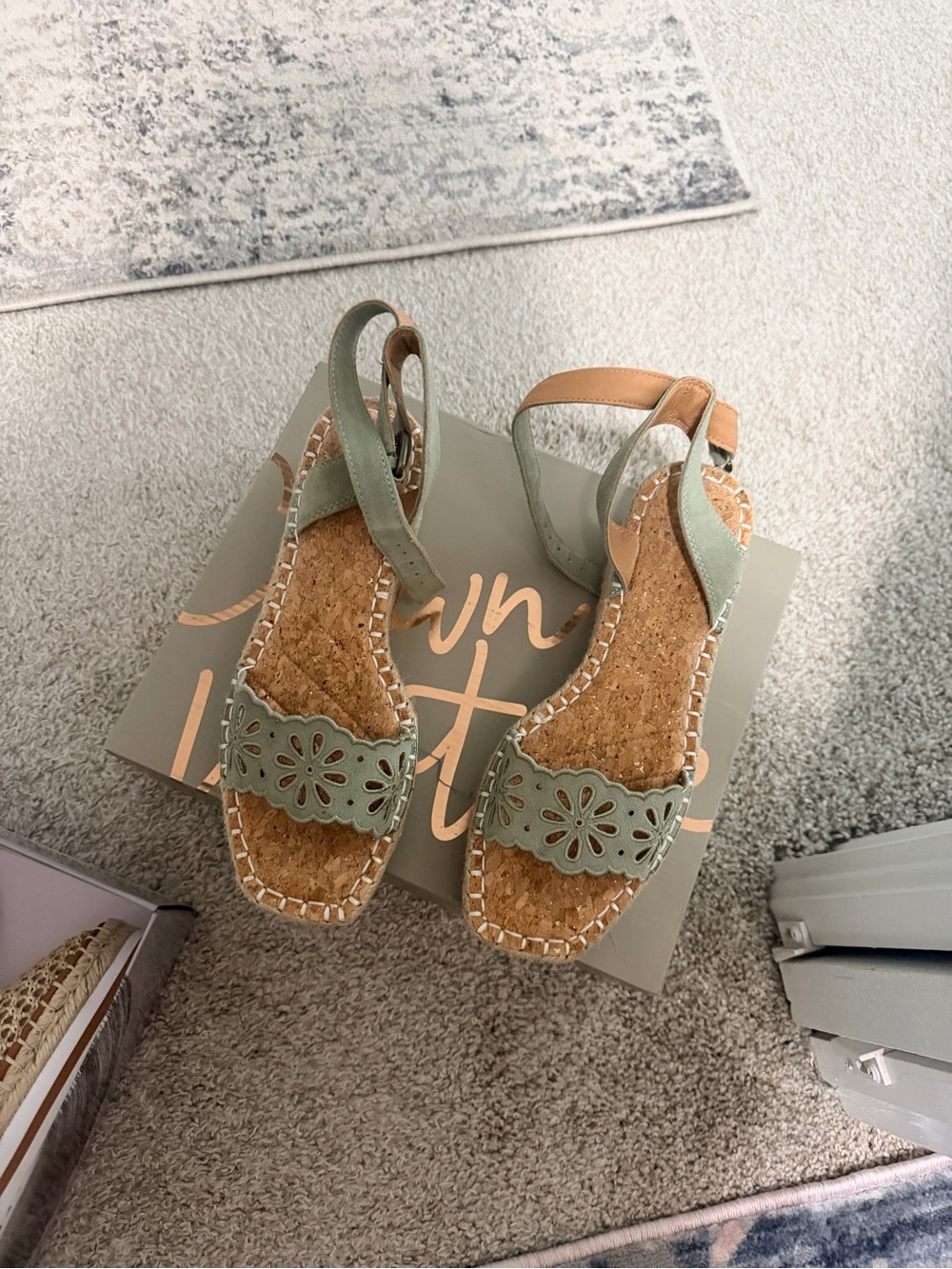Crown Vintage Woven Cork Sandals with Sage Green Laser-Cut Strap 6.5